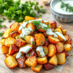 A vibrant salad featuring roasted, crispy potatoes, tossed together with a creamy yogurt dressing infused with fresh dill