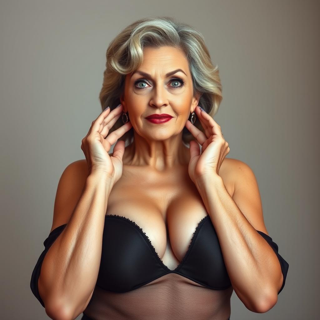 A stunning 65-year-old woman with large breasts, dressed in sexy attire that accentuates her features