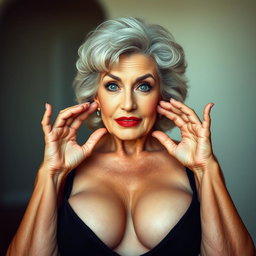 A stunning 65-year-old woman with large breasts, dressed in sexy attire that accentuates her features
