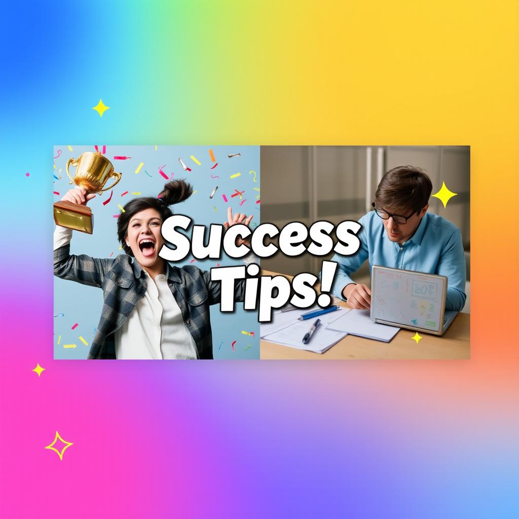 A vibrant and eye-catching YouTube thumbnail featuring a dynamic split screen of two engaging subjects: on one side, a person with an excited expression, holding up a trophy and surrounded by colorful confetti, and on the other side, a person deep in thought while working at a laptop filled with notes and sketches