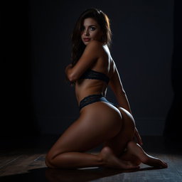 A sensual image of a 25-year-old woman in lingerie, positioned on all fours with her hips elevated, showcasing her curves and inviting form