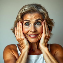 A beautiful 65-year-old woman with her hands gently placed on her cheeks as if she is surprised