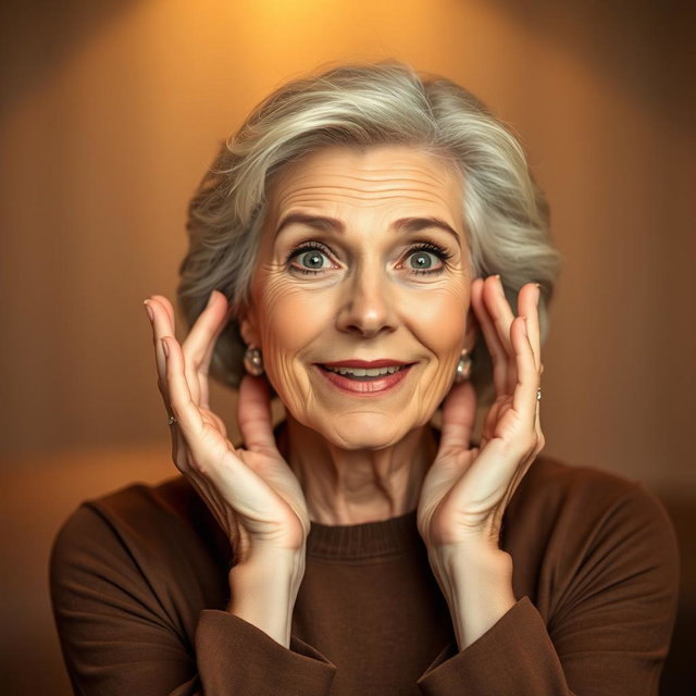 A beautiful 65-year-old woman with her hands gently placed on her cheeks as if she is surprised
