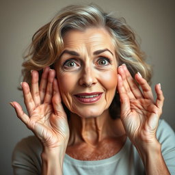 A beautiful 65-year-old woman with her hands gently placed on her cheeks as if she is surprised