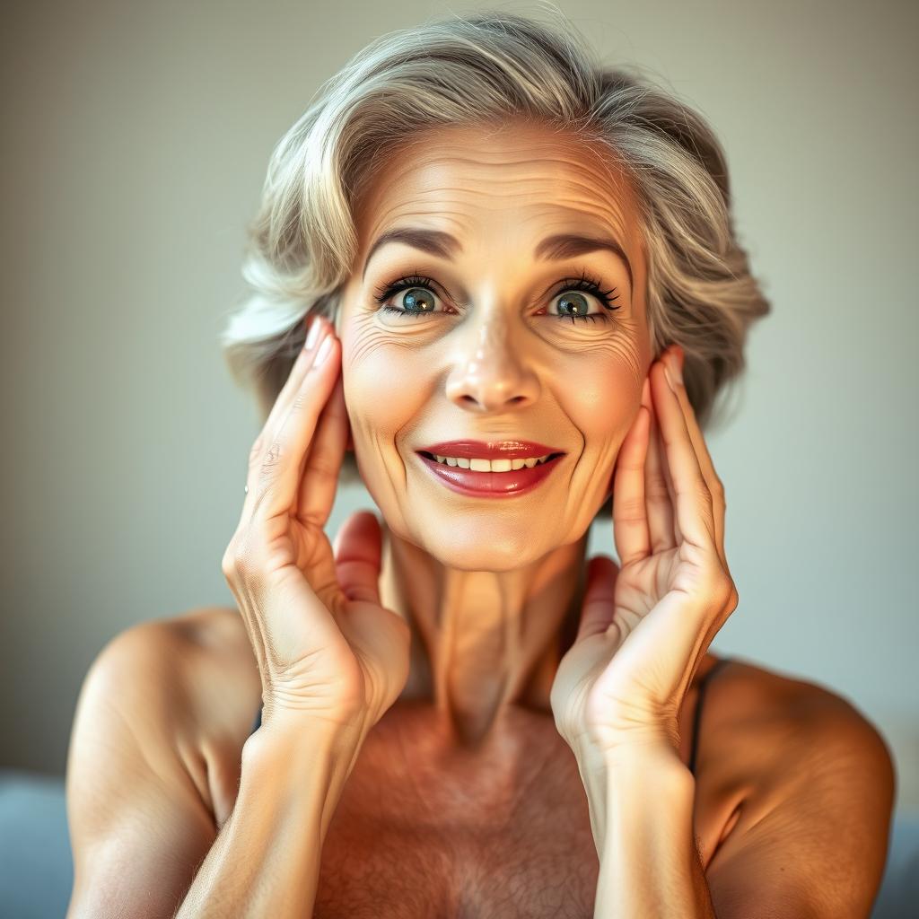 A beautiful 65-year-old woman with her hands gently placed on her cheeks as if she is surprised