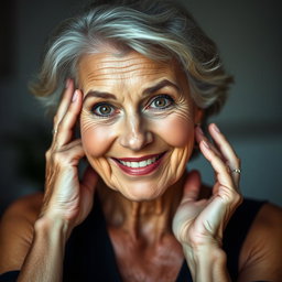 A beautiful 65-year-old woman with her hands elegantly placed on her cheeks, expressing a sense of surprise