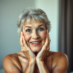 A beautiful 65-year-old woman with her hands elegantly placed on her cheeks, expressing a sense of surprise