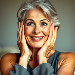 A beautiful 65-year-old woman with her hands elegantly placed on her cheeks, expressing a sense of surprise