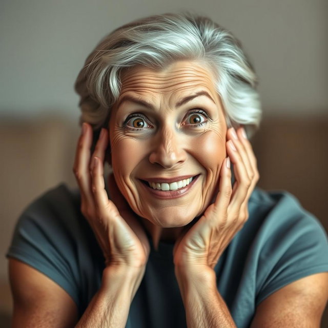 A beautiful 65-year-old woman with her hands elegantly placed on her cheeks, expressing a sense of surprise