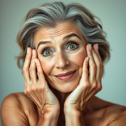 A beautiful 65-year-old woman with her hands gracefully resting on her cheeks, expressing a look of surprised delight