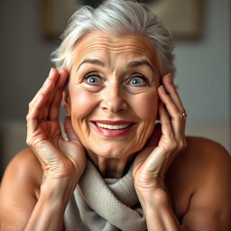 A beautiful 65-year-old woman with her hands gracefully resting on her cheeks, expressing a look of surprised delight