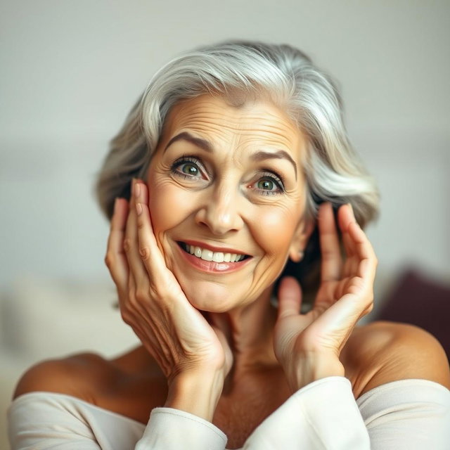 A beautiful 65-year-old woman with her hands gracefully resting on her cheeks, expressing a look of surprised delight