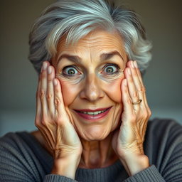 A beautiful 65-year-old woman with her hands gracefully resting on her cheeks, expressing a look of surprised delight