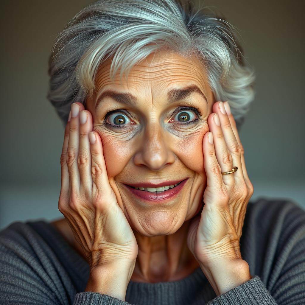A beautiful 65-year-old woman with her hands gracefully resting on her cheeks, expressing a look of surprised delight