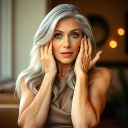 A beautiful 65-year-old woman with an elegant appearance, facing the camera with her hands on her cheeks in a surprised expression