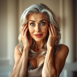 A beautiful 65-year-old woman with an elegant appearance, facing the camera with her hands on her cheeks in a surprised expression