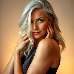 A stunning 65-year-old woman with an attractive demeanor, facing the camera with her hands on her cheeks as if she is surprised