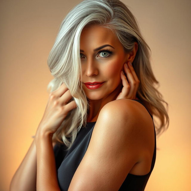 A stunning 65-year-old woman with an attractive demeanor, facing the camera with her hands on her cheeks as if she is surprised