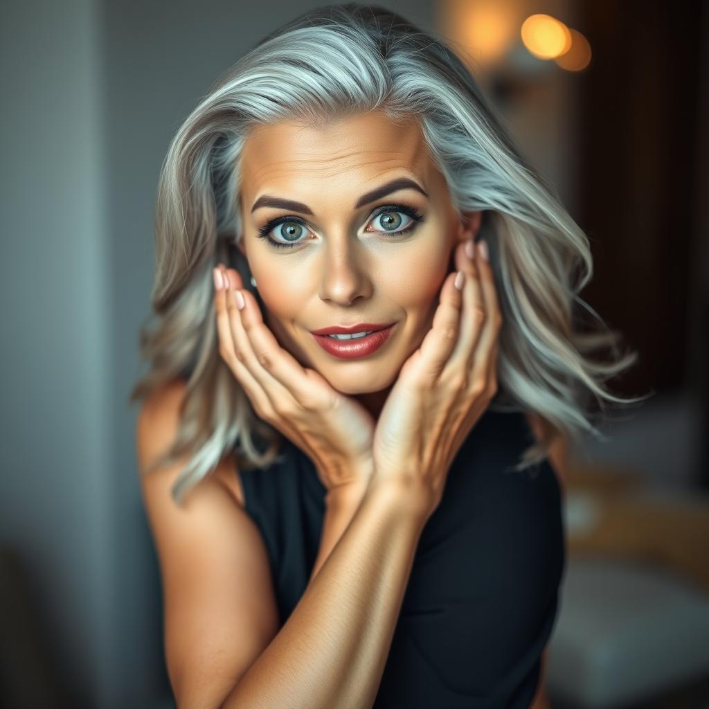 A stunning 65-year-old woman with an attractive demeanor, facing the camera with her hands on her cheeks as if she is surprised