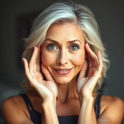 A stunning 65-year-old woman with an attractive and charming expression, facing the camera with her hands on her cheeks in a surprised gesture