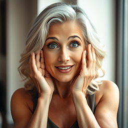 A stunning 65-year-old woman with an attractive and charming expression, facing the camera with her hands on her cheeks in a surprised gesture