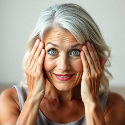 A stunning 65-year-old woman with an attractive and charming expression, facing the camera with her hands on her cheeks in a surprised gesture