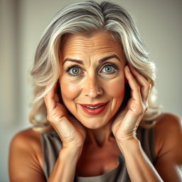 A stunning 65-year-old woman with an attractive and charming expression, facing the camera with her hands on her cheeks in a surprised gesture