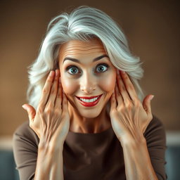 A gorgeous 65-year-old woman, radiating elegance and charm, is facing the camera with her hands on her cheeks in a surprised gesture