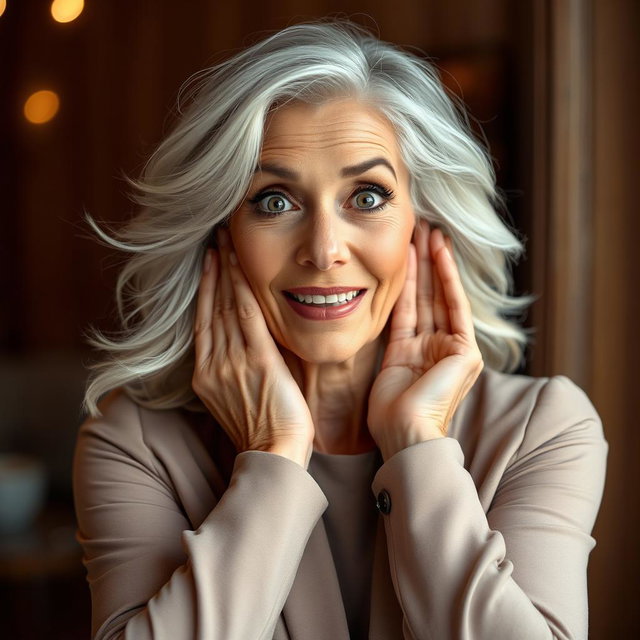 A gorgeous 65-year-old woman, radiating elegance and charm, is facing the camera with her hands on her cheeks in a surprised gesture