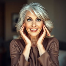 A gorgeous 65-year-old woman, radiating elegance and charm, is facing the camera with her hands on her cheeks in a surprised gesture