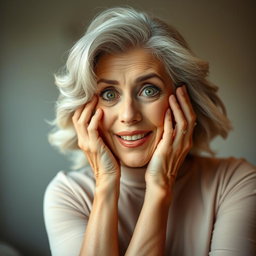 A gorgeous 65-year-old woman, radiating elegance and charm, is facing the camera with her hands on her cheeks in a surprised gesture