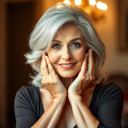 An attractive 65-year-old woman, showcasing her beauty, is facing the camera with her hands on her cheeks, expressing genuine surprise