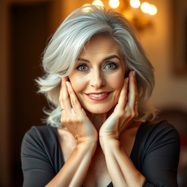An attractive 65-year-old woman, showcasing her beauty, is facing the camera with her hands on her cheeks, expressing genuine surprise