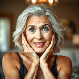 An attractive 65-year-old woman, showcasing her beauty, is facing the camera with her hands on her cheeks, expressing genuine surprise