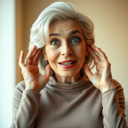 An attractive 65-year-old woman, embodying grace and beauty, is facing the camera with her hands on her cheeks in a surprised manner