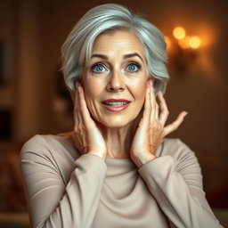 An attractive 65-year-old woman, embodying grace and beauty, is facing the camera with her hands on her cheeks in a surprised manner