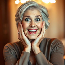 An attractive 65-year-old woman, embodying grace and beauty, is facing the camera with her hands on her cheeks in a surprised manner