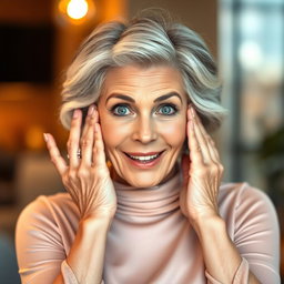 An attractive 65-year-old woman, embodying grace and beauty, is facing the camera with her hands on her cheeks in a surprised manner