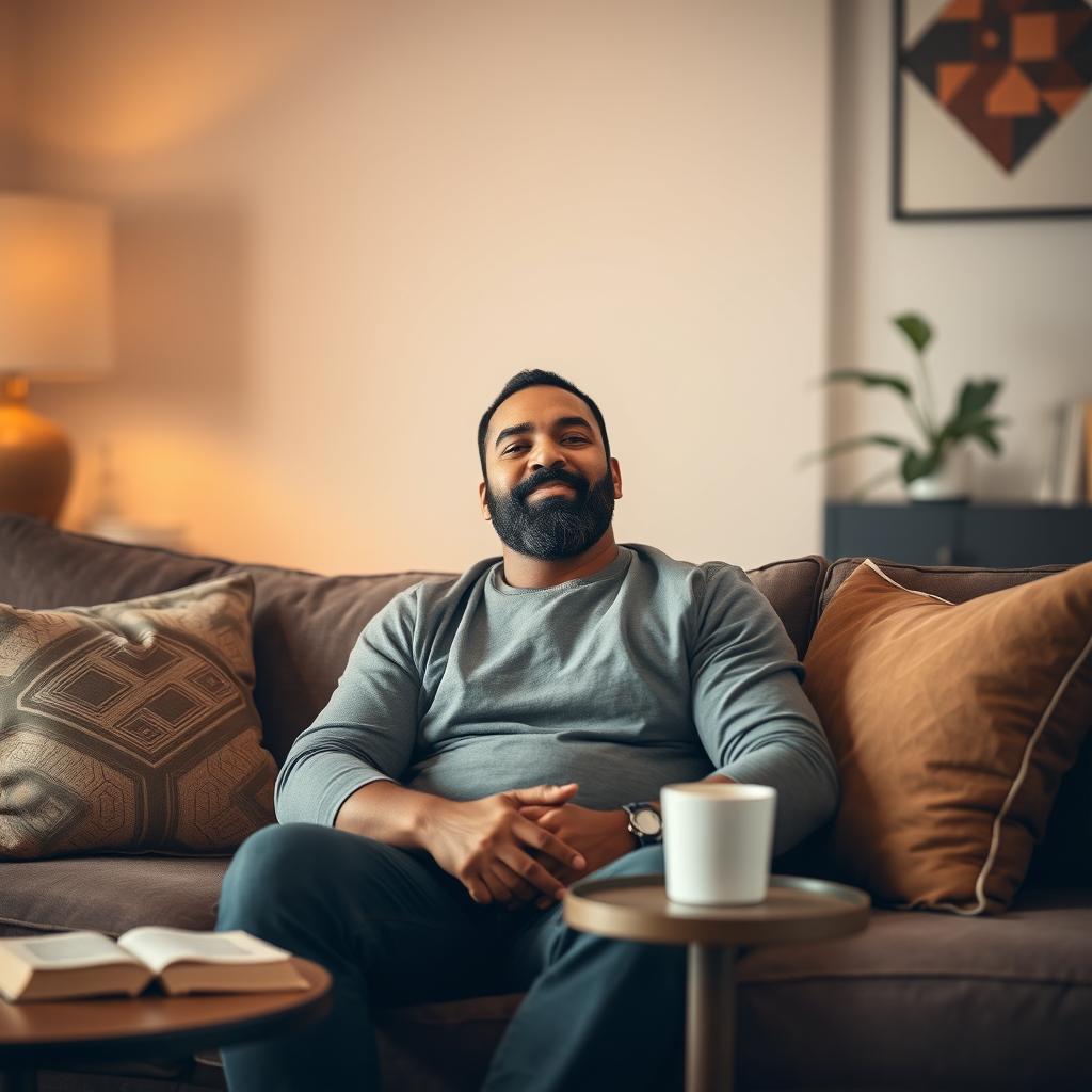 A calm black bearded man sitting comfortably on a stylish couch in a cozy living room