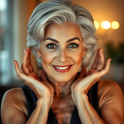 An attractive 65-year-old woman, exuding charm and elegance, is facing the camera with her hands on her cheeks in a surprised expression