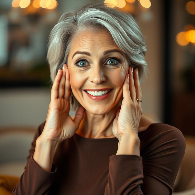 An attractive 65-year-old woman, exuding charm and elegance, is facing the camera with her hands on her cheeks in a surprised expression