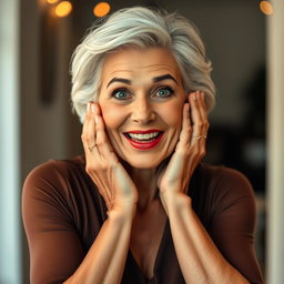 An attractive 65-year-old woman, exuding charm and elegance, is facing the camera with her hands on her cheeks in a surprised expression