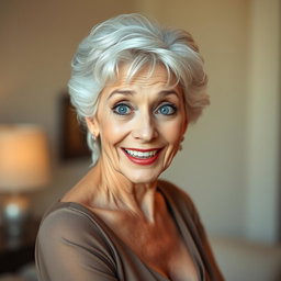 An attractive 65-year-old woman, full of character and grace, is facing the camera with an expressive face that conveys surprise and delight