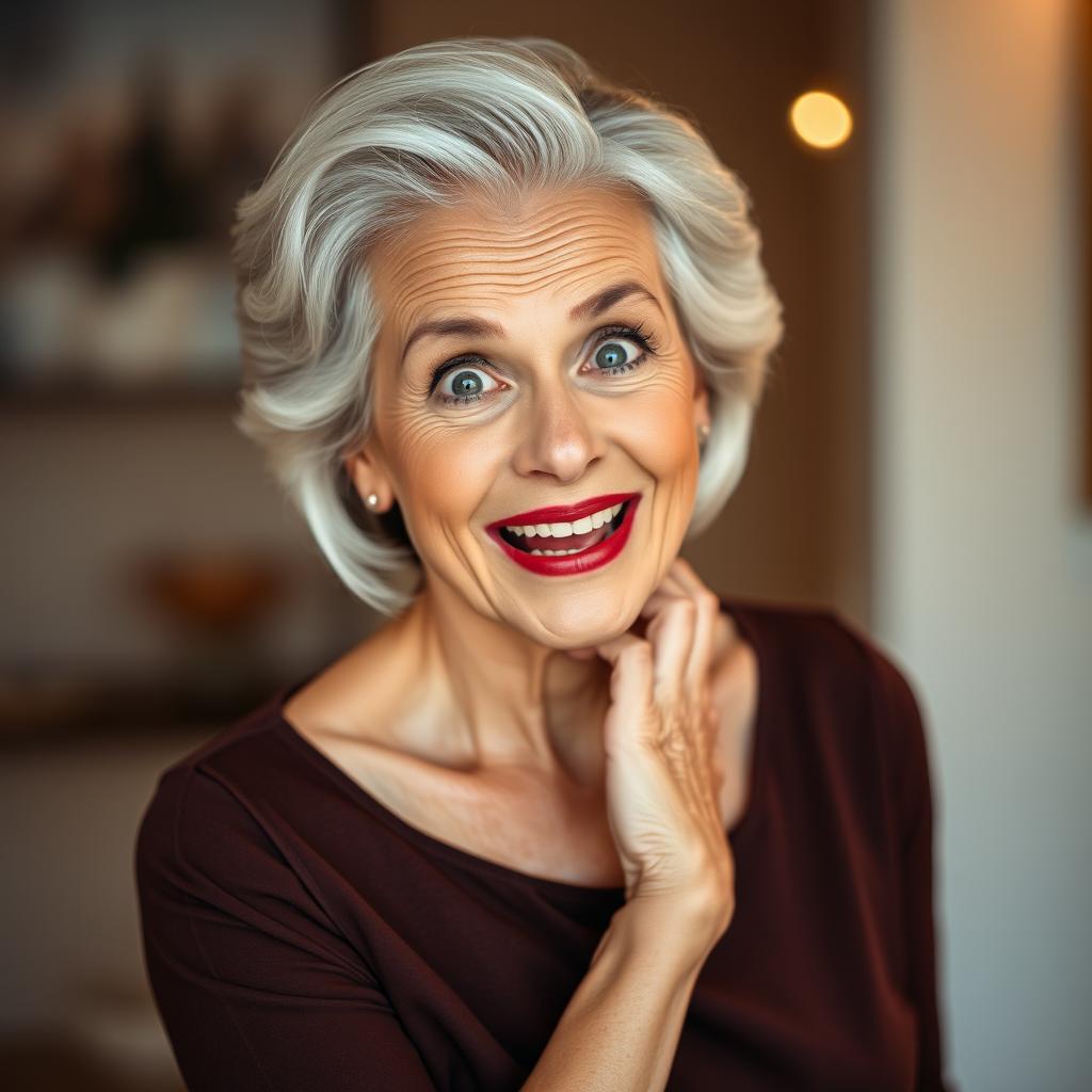 An attractive 65-year-old woman, full of character and grace, is facing the camera with an expressive face that conveys surprise and delight
