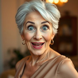 An attractive 65-year-old woman, full of character and grace, is facing the camera with an expressive face that conveys surprise and delight
