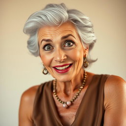 An attractive 65-year-old woman, full of character and grace, is facing the camera with an expressive face that conveys surprise and delight