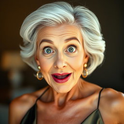 An attractive 65-year-old woman, radiating elegance and charm, is facing the camera head-on with an expressive, surprised face