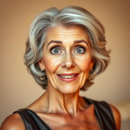 An attractive 65-year-old woman, radiating elegance and charm, is facing the camera head-on with an expressive, surprised face