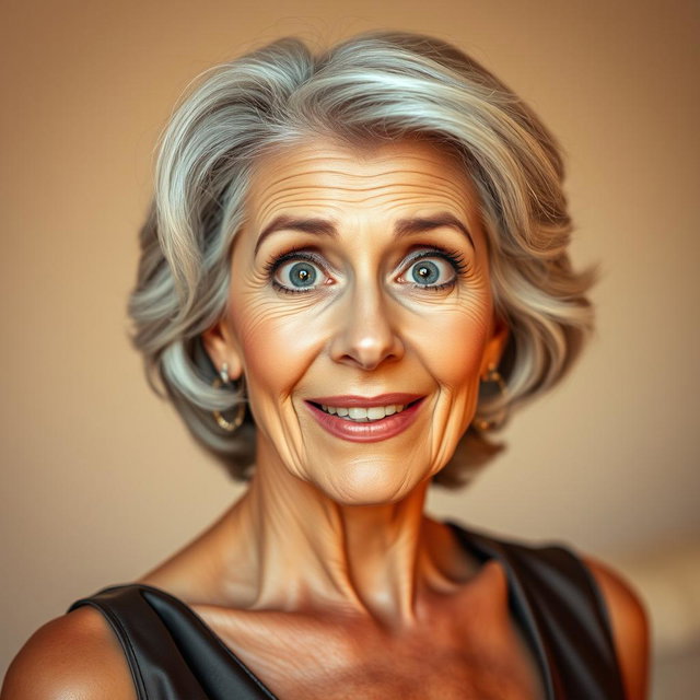 An attractive 65-year-old woman, radiating elegance and charm, is facing the camera head-on with an expressive, surprised face
