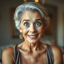 An attractive 65-year-old woman, radiating elegance and charm, is facing the camera head-on with an expressive, surprised face